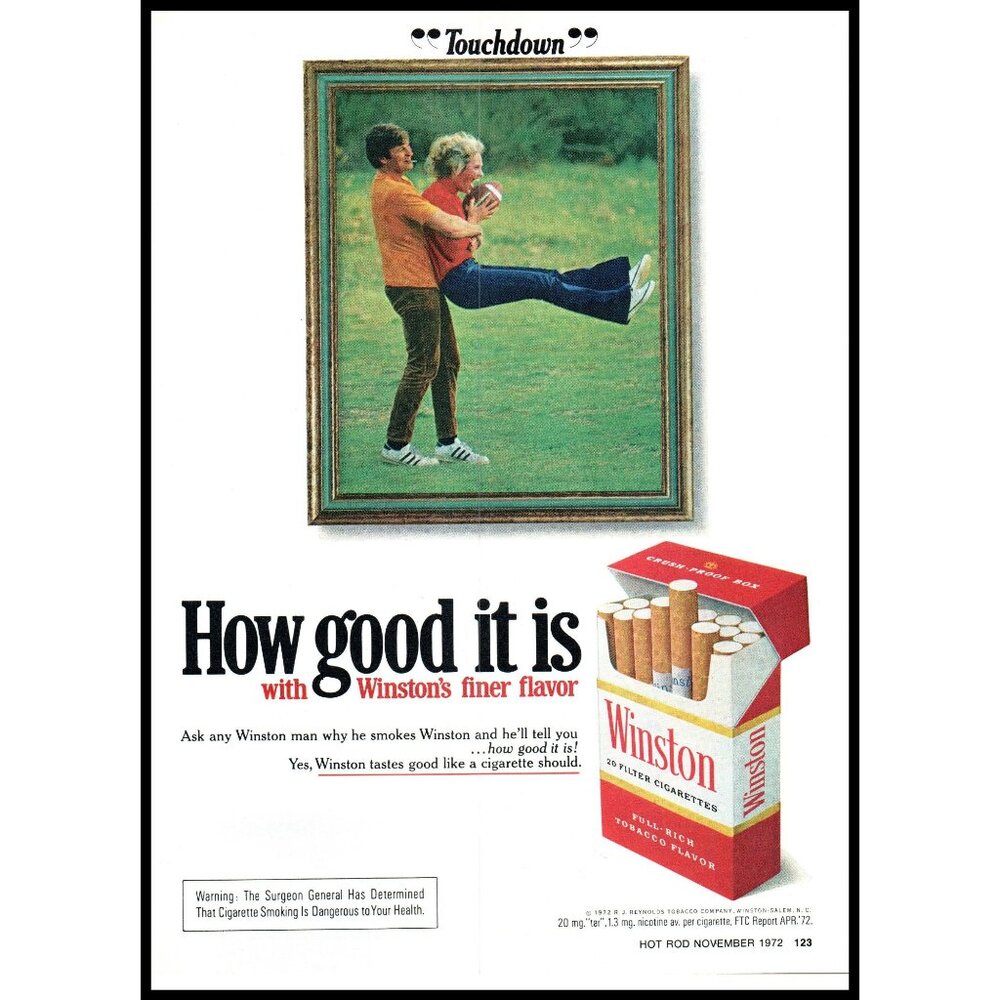1972 Winston Cigarettes Vintage Print Ad Portrait Football Touchdown Wall Art